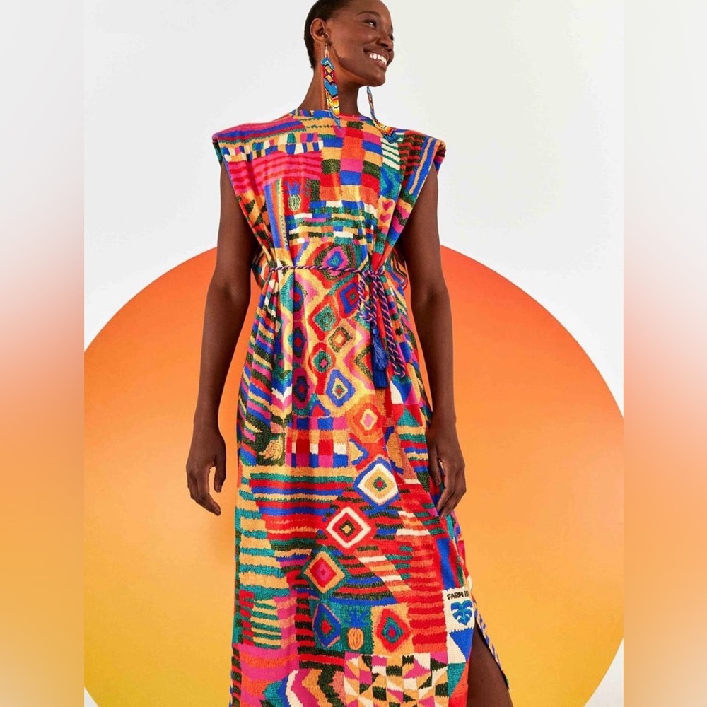 Farm‎ Rio Summer Patches T Shirt Dress Small Colorful Midi Abstract Embroidered